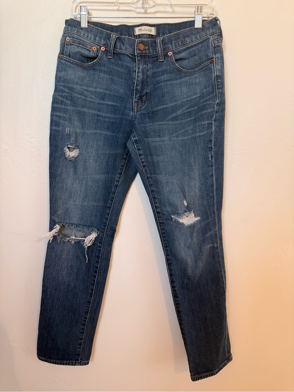 Madewell Boyfriend Jeans in Dark Blue Wash with Distressing